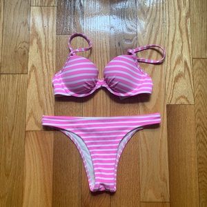 Aerie Pink & White Striped Ribbed Bikini Set